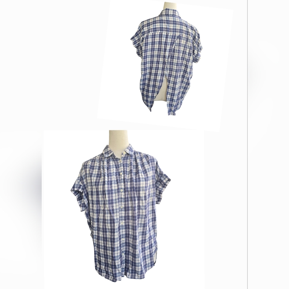 Madewell Blue and White Plaid Open Split  Back Short Sleeve Top Size S